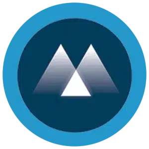 Logo with two blue and white triangular shapes inside a blue circle on a dark background.